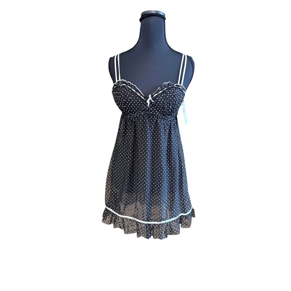 NWT Per lei black sheer polka dot chemise lingerie babydoll slip gown medium